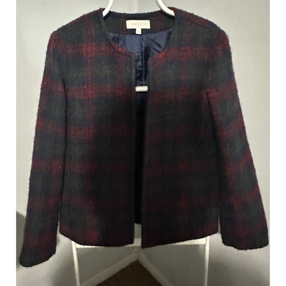 Talbots Dark Navy/Green/Brick Plaid Faux Mohair Wool/Blend Blazer Jacket Size 12